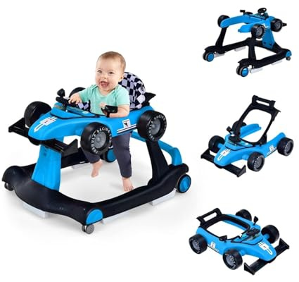 FANTASK 4 in 1 Lauflernhilfe, Lauflernwagen klappbar mit einstellbarer Höhe & Geschwindigkeit, Baby Walker Autoförmig mit Musikbox, Licht & Rädern (Blau)