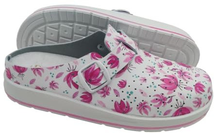 Zoccoli Donna da Casa e Lavoro, Ciabatte Sanitarie Chiuse e Comode, Pantofole Riposanti con Plantare Estraibile (Fiorito Rosa, Sistema Taglie Calzature EU, Adulto, Donna, Numero, Media, 39)