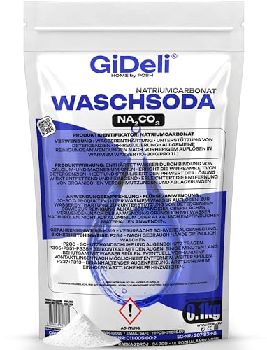 GiDeli Waschsoda 100g - Soda i pulver för blekning och avfärgning - Rengöringsmedel för tvättmaskin och avloppsrengörare - Natriumkarbonat för vidbrända kastruller samt för rengöring av kakel