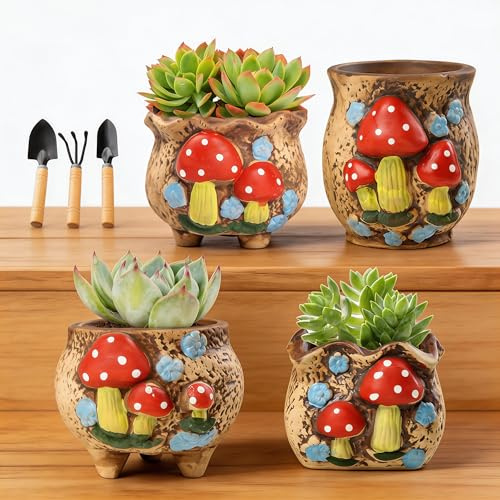 Plant Pots, 4 Pack Colorful Mushroom-Shaped Flower Pots Ceramic Succulent Pots with 3 Scoops Hand-Drawn Cute Plant Pot for A Variety of Small Plants Including Succulents Cactus Artificial Greenery