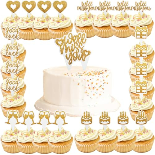 Lot de 25 décorations de gâteau « Good Luck » à paillettes dorées « We Will Miss You » – Insert de gâteau avec motifs dessus : coffret cadeau, gobelet d'amour, « Good Luck Will Miss You » pour le