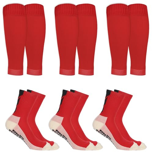 3 Pairs Grip Socks Football with Football Sock Sleeves – Anti-Slip Soccer Socks and Cut Calf Sleeves for Men and Youth, Ideal for Training, Matches and Shin Pad Support