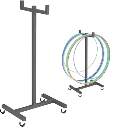Hula Hoop y soporte de almacenamiento de cuerda de fitness, organizador de metal portátil con ruedas para exhibición de equipos deportivos y fácil movilidad