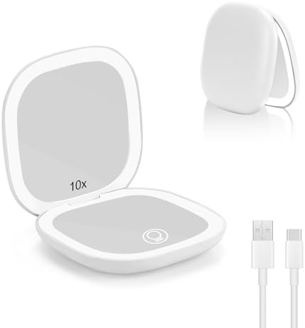 Collazoey LED Specchio Ingranditore, 1X/10X Specchietto da Borsetta, Chargement par USB, 3 Luci Regolabile Portatile Specchio da Viaggio, Interruttore Magnetico Pieghevole Piccolo Mirror (Bianco)