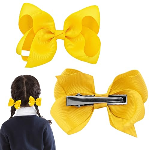 2 PCS Vibrant Yellow Satin Hair Bows with Secure Metal Clips, Retro Style Unisex Accessories for Kids and Adults