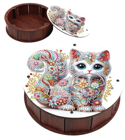 CXINLky Scatola di Conservazione per Pittura con Diamanti di Forma Rotonda, Scatola per Arte con Diamanti con Coperchio, Scatola di Conservazione in Legno, Organizzatore, Confezione Regalo-04-Gatto