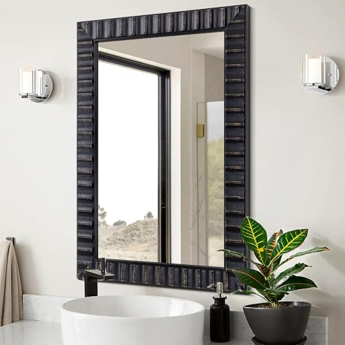 Modern Wooden Black Bathroom Mirror, 37x25 Mirror Wall Decor, Rectangular Relief Frame, Tempered Glass, Vintage Farmhouse Style for Living Room/Entryway/Bedroom