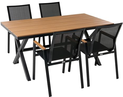Matgrupp för Utomhusbruk i Aluminium med 4 Stolar och Bord med Plastträskiva för Trädgård, Balkong och Uteplats Svart Tiano