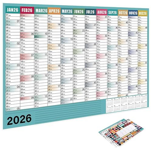 Väggkalender 2026 - stort format 74 x 51 cm med påminnelsetiketter - månadskalender | för, skola, rengöring, träning, semester, födelsedag, resor, hälsa, läsning