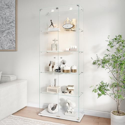 HOOGDLJ Vitrina de cristal con iluminación LED, vitrina de cristal de pie, armario vitrina de cristal con 4 puertas, 4 estantes, vitrina de coleccionista con cerradura de cristal para libros, oficina