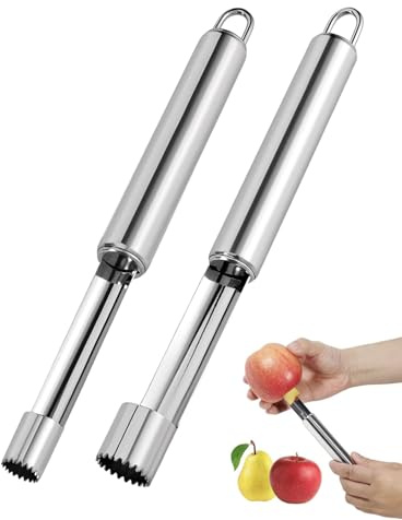 WINXMIN 2 piezas Descorazonador de Manzanas, cortadora de núcleo de manzana, utensilios de cocina con para colgar frutas y verduras, color plateado (2 tamaños,1,4 cm, 2 cm)