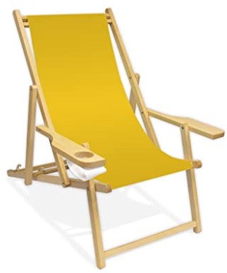 Holz-Liegestuhl mit Armlehne und Getränkehalter, Klappbar, Wechselbezug (Gelb)