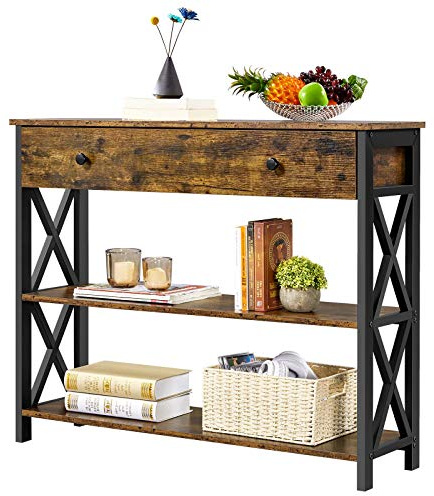 Yaheetech Industrial Console Table with Drawer Metal Frame, Vintage Sofa Table with 2 Open Shelves for Living Room, Hallway, Bedroom, 100x29.5x81cm, Rustic Brown