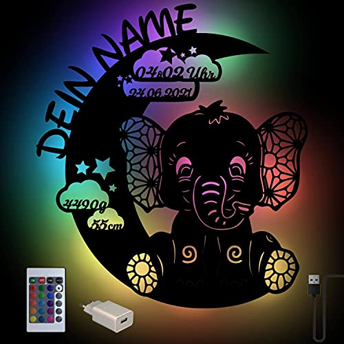 RGB Farbwechsel Elefant auf Mond Baby-Geschenke personalisiert mit Namen zur Geburt & Taufe für Mädchen & Junge I USB Holz Nachtlicht