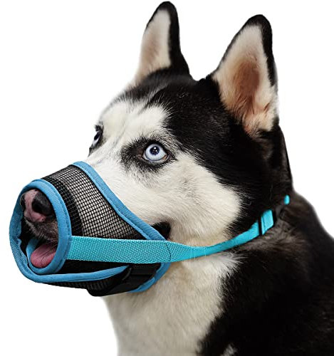 Mayerzon Maulkorb für Hunde, mit verstellbarem Klettverschluss, um Beißen, Bellen und Kauen zu verhindern, Luftnetz, atmungsaktiv, für kleine, mittelgroße und große Hunde (Blue, L)