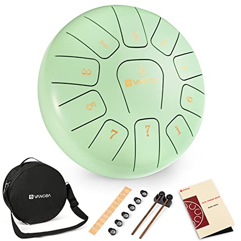 Vangoa Tungtrumma 20 cm 11 anteckningar slagverksinstrument C Major, handpan-tanktrumma med väska, gummiklubbor för musikutbildning, konsert, sinne, helande yogameditation, grön