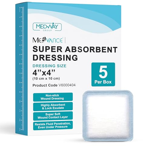 MedVance Super Absorbent Wound Dressing, Non-Adhesive Pads, 4x4, Box of 5 | Sterile And Individually Wrapped - Non-Stick Wound Bandages - Super Soft - Highly Absorbent & Lock Exudate - Leakproof