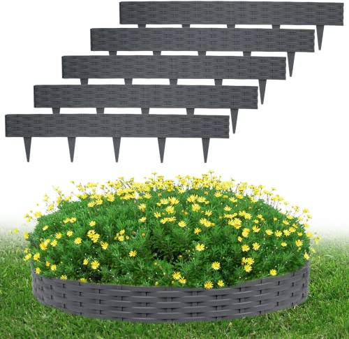 LZQ Bordes de césped redondo de plástico, 10 m, color antracita, borde de césped, diseño de palisadas con 10 elementos de 100 cm