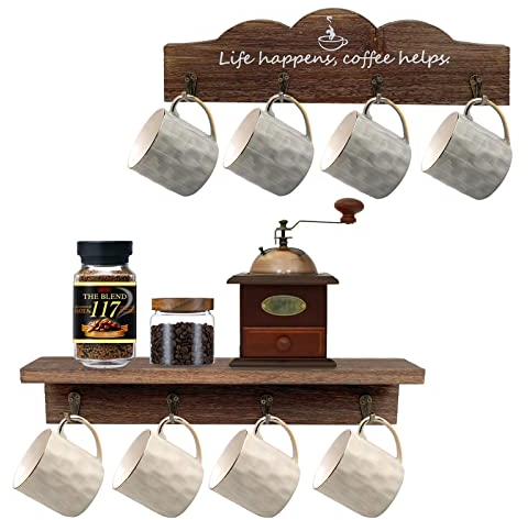 LYFJXX Kaffeetasse Halter Wandhalterung mit 8-Haken, 2-Pcs hölzerner Kaffeetasse Halter mit Kaffeezeichen, Teetasse Aufhänger für Bar Küche Organizer Display, Kaffeeecke Ecke Dekor (Brown-2pcs)