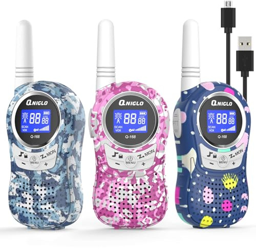 QNIGLO Q168Plus Walkie Talkie Niños Recargable,8 Canales Radio Bidireccional 2Km de Largo Alcance,Equipo de Espía,Mejores Juguetes Regalos para Niños,con Baterías de Litio(Camuflaje_Rosa+2Azul)