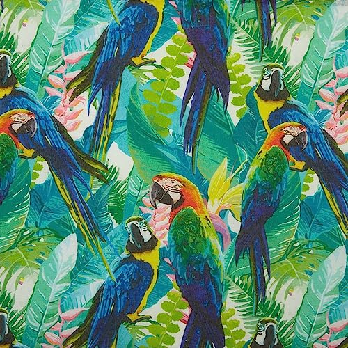 Kt KILOtela - Tela Loneta Estampada, Decoración, Tapizar, Cojines, Cortinas, Colchas, Bolsos, Manteles, 100 cm Largo x 280 cm Ancho, Tropical, Papagallos, Verde - 1 metro