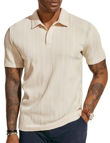 PJ PAUL JONES Mens Textured Knit Polo Shirts Regular Fit Stretchy Short Sleeve Golf Shirts Beige