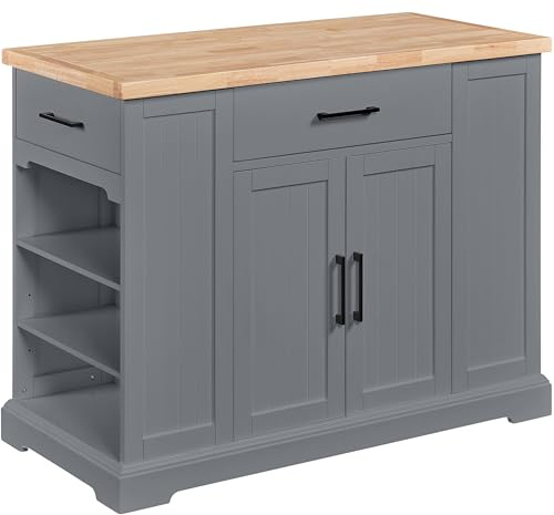 Yaheetech Rolling Kitchen Island Cart with 3 Drawers, Kitchen Storage Cabinet on Wheels with Open Shelves and Inner Adjustable Shelves for Dining Room/Living Room, Thicker Rubberwood Top, Dark Gray