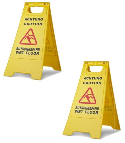 Preiswert&Gut Rutschgefahr Schild 2er Set, Warnschild für Nässe und Glätte, Bodenstehender Aufsteller aus Kunststoff für Betriebe, 60x30cm Signal-Gelb, Indoor & Outdoor, zweisprachig DE/EN klappbar