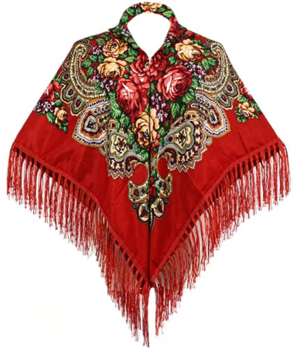 LOVNBHELP Russian Style Muffler Warm Scarf with Tassel, 43x 43 Women's Traditional Scarf Wrap Shawl Fringes Printing Cape/Red