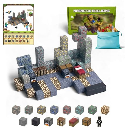 Creativity Point Magnetiska block 128 stycken, Build Mine Magnet World, magnetiska byggklossar, STEM sensoriska leksaker för småbarn från 3 år och uppåt