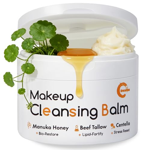 Grocerism Cleansing Balm Makeup Remover, Manuka Honey & Grass-Fed Tallow with Soothing Cica (Centella), Melts Waterproof Mascara & SPF, Non-Comedogenic for Sensitive Dry Skin & Eyes, 3.53 Oz