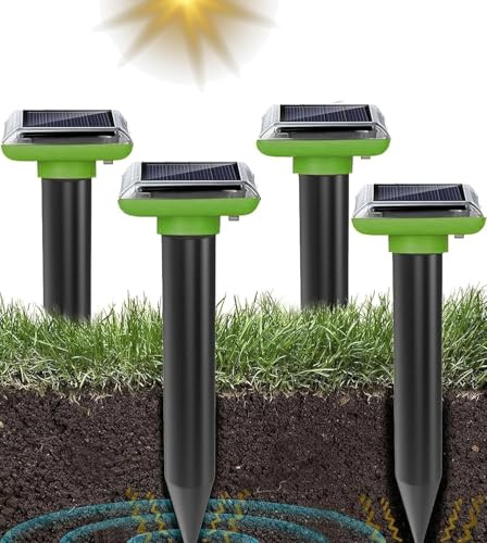 WUGEIN Ahuyentador de topos solar por ultrasonidos para ratones, resistente al agua IP66, para jardín, césped, animales de suelo, ratones, hormigas, serpientes (4 unidades)