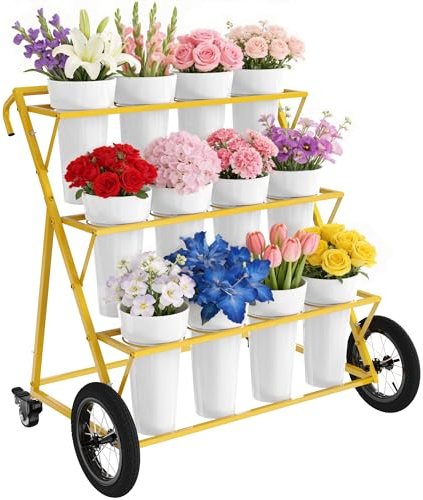 VGMiu Flower Display Stand with 12 Buckets,3 Layers Metal Flower Cart with Large Wheels, Moving Florist Bouquet Shelf for Indoor Outdoor Patio Garden Wedding Florist,Gold