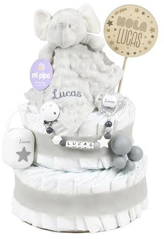 Mi Pipo - Tarta de Pañales Personalizada con Dou Dou - Elefante Gris | con 44 Pañales Talla 2 | Regalo Bebé Recién Nacido con Accesorios para el Bebé | Baby Shower Unisex