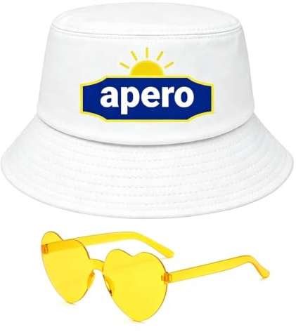 Set Bob de l'Apéro Blanc 2 Pièces, Lunettes Cœur Jaunes | Bob Homme et Bob Femme Ajustable 56-58 Cm, Alternative Drôle Bobs Cochonou pour Festival, Camping, Plage et Fête Extérieure