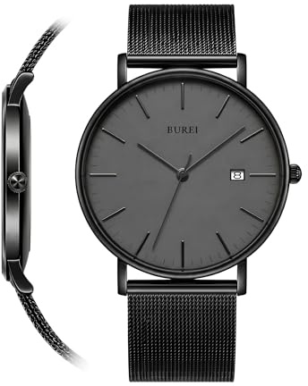 BUREI Men's Fashion Minimalist Wrist Watch All Black Waterproof Watches Simple Ultra Thin Watches Analog Quartz Date with Stainless Steel Mesh Band