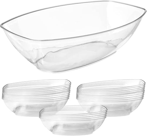 Prestee 12 Pack Clear Oval Plastic Serving Bowls (64 Oz) - Disposable Dishes, Taco Bar Serve Set, Chip Bowls for Parties, Snack/Salad Containers, Candy/Party Bowl for Serving Food