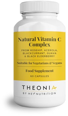 Theonia Natural Vitamin C 250mg Complex from Rosehip, Acerola, Blackcurrant, Guava, and Elderberry - Immune Function, Stress, Metabolic Health, & Fatigue - Non-GMO, 60 Vegan Capsules