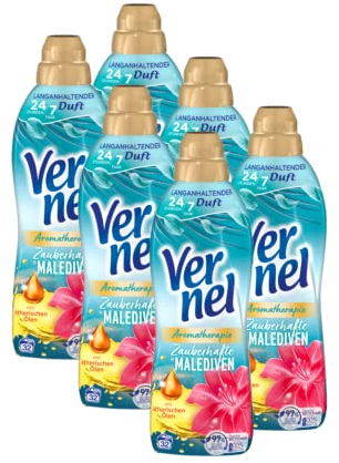 Vernel Aromatherapie Zauberhafte Malediven Weichspüler (6x32 Waschladungen), langanhaltender Wäscheduft mit ätherischen Ölen für 24/7 Frische, recycelbare Flasche