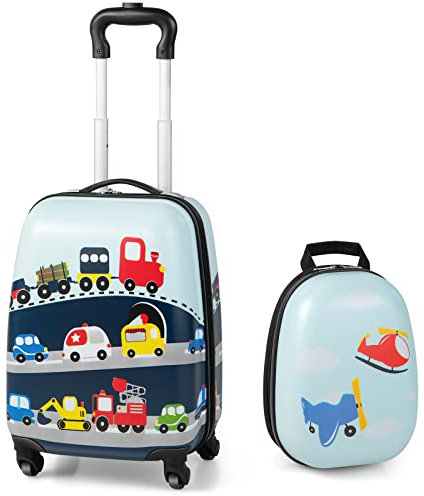 HONEY JOY Kids Luggage, 12 Toddler Backpack & 16 Travel Suitcase with Wheels, Lightweight Toddler Girls Suitcase, Durable ABS Hardshell, 2Pcs Carry On Luggage Set for Boys Girls(Car)
