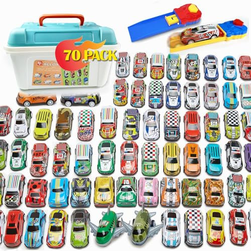 70 Piece Pull Back Toy Cars Set with Toy Storage, Launchers & Map, Mini Racing Cars for kids, Toy Cars for Toddlers, Car Toys for 3 4 5 6 Year Old Boy Girl, Christmas Birthday Gifts