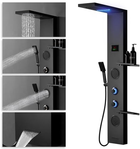 BATHLAVISH LED Black Shower Panel, Shower Tower With Storage Shelf 304 Stainless Steel System With Rainfall Shower Head With Handheld Massage Body Jets Bathroom Matte Black Waterfall Bathtub