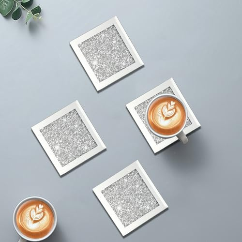 Anewsun Juego de 4 posavasos de cristal con espejo, posavasos cuadrados con diamante triturado, tapetes de vidrio plateado espejo para bebidas, decoración del hogar, cocina, cafetería, bar