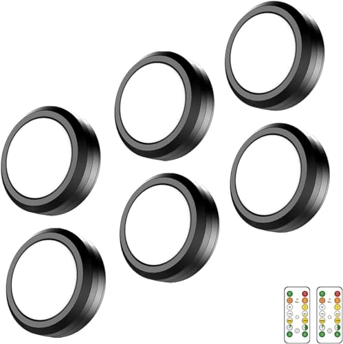 MOUJUCHI Skåpbelysning, 4 st, trådlöst batteridriven, underbyggda lampor för kök, med fjärrkontroll, dimbar, pucklampor för trappor och vitrinskåp (svart)