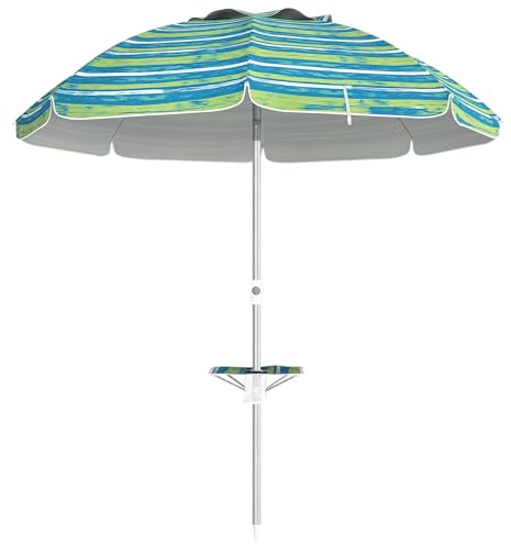 Outsunny Sombrilla de Playa Ø190x215 cm Parasol para Terraza con Reclinación 45° Altura Ajustable Mesa con Portavasos Anti-UV Impermeable y Bolsa de Transporte para Jardín Piscina Multicolor