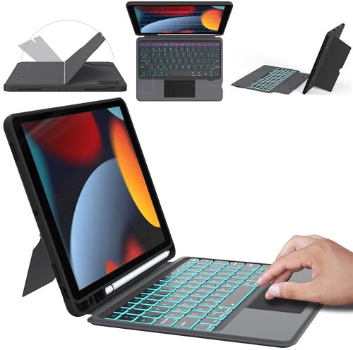 ROOFEI iPad 10.2 inch (9/8/7 Generation - 2021/2020/2019), iPad Air 3 & iPad Pro 10.5 Case with Detachable Keyboard : UK Layout Keyboard Case with Touchpad & 7 Color Backlit & Multi-Angle Kickstand