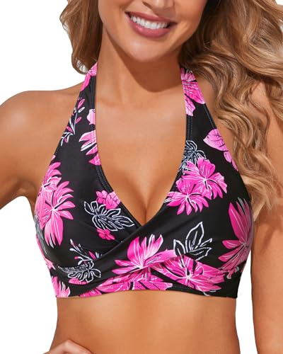 Holipick Pink Floral Women Halter Bikini Tops - Push Up Bathing Suit Top V Neck Full Coverage Swimsuit Top Only M