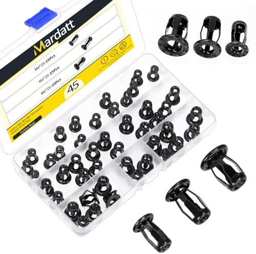 Mardatt 45 st M4 M5 M6 Jack Nuts Sortiment Kit, Expansion-insert mutter kronljusspår jack mutter skruv ankare för ihålig vägg plast polywood pressbräda hardboard (M4/M5/M6 – svart)