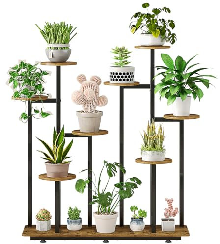 INGIORDAR Plant Stand Indoor Outdoor Corner Plant Shelf for Multiple Flower Pots Flower Stand Holder for Patio Garden Balcony Living Room (Black+Rustic Brown, 9 Tier)
