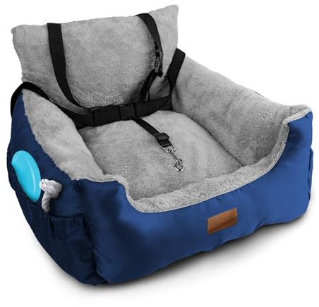 Furdreams Dog Car Seat, Plush & Cosy Pet Car Booster Seat for Small Dogs & Cats with Storage Pocket, Dog Bed with Safety Leash, Waterproof Liner & Non-Slip Base Travel Bed, 50x50x20cm (Navy/Grey)